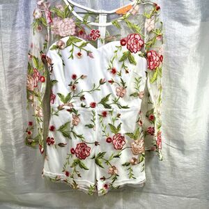 LUXMI LS Shorts Romper Embroidered Flowers Sheer and Lined Women's Size Medium